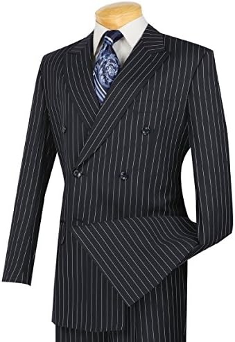 VINCI Men's Gangster Pinstriped Double Breasted 6 Button Classic-Fit Suit New [Color Navy Blue | Size: 48 Regular/43 Waist]