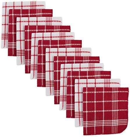 Cotton Waffle Checkered Terry Dish Cloths 13X13" Set Of 12 Absorbent Durable Drying Cleaning Kitchen Cloths-Red/White