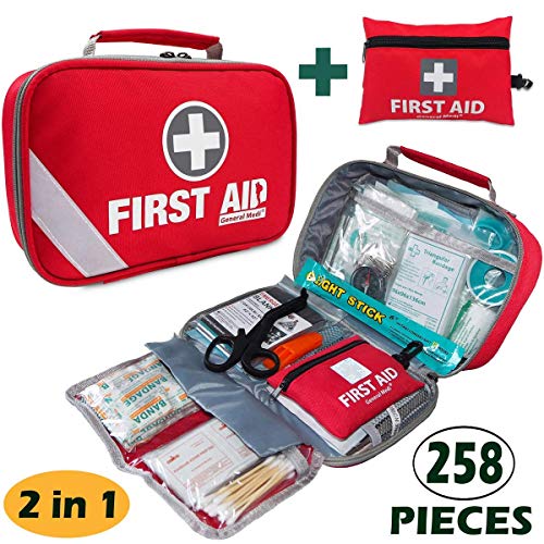 First Aid Kit (215 Piece) + Bonus 43 Piece Mini First Aid Kit Includes Emergency Blanket
