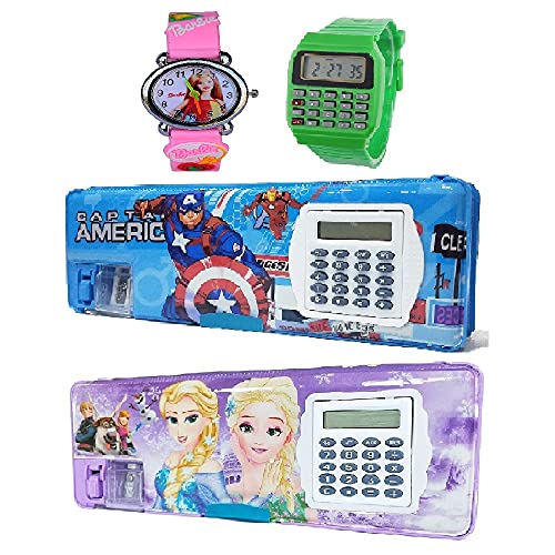 IZU Multipurpose Magnetic Pencil Box with Calculator, Dual Sharpener for Girls & Boys for School, Big Size Cartoon Printed Pencil Case +Calculator & Analog Watch for Kids.Pack of -4 (Avenger+FRO)