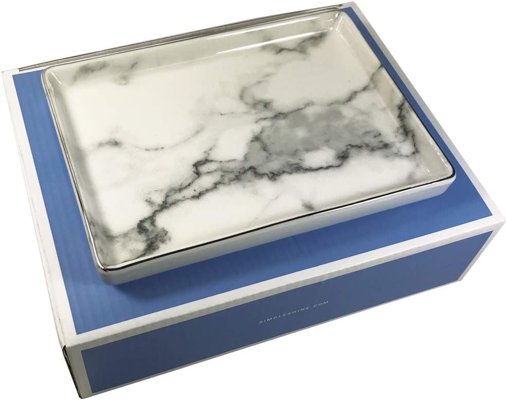 Jewelry Dish Tray | Marble Pattern Ceramic Dish Key Plate Holder or Key Tray Silver Edge | Wrapped in Decorative Gift Box: Home Improvement