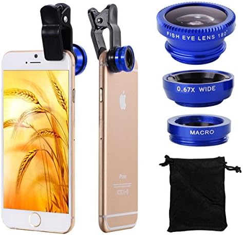 3 in 1 Fish Eye Wide Angle Macro Camera Clip on Lens for Universal Cell Phone, Smartphones, iPhone, Samsung (Blue)