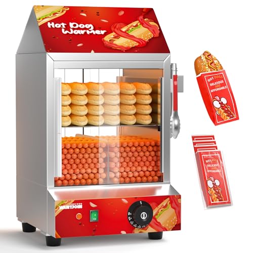 WantJoin Hot Dog Steamer - 28.8QT Commercial Electric Hot Dog Steamer with Bun Warmer, Dual Glass Sliding Door Steaming Machine Adjustable Temperature for 175 Hot Dogs and 40 Buns Red