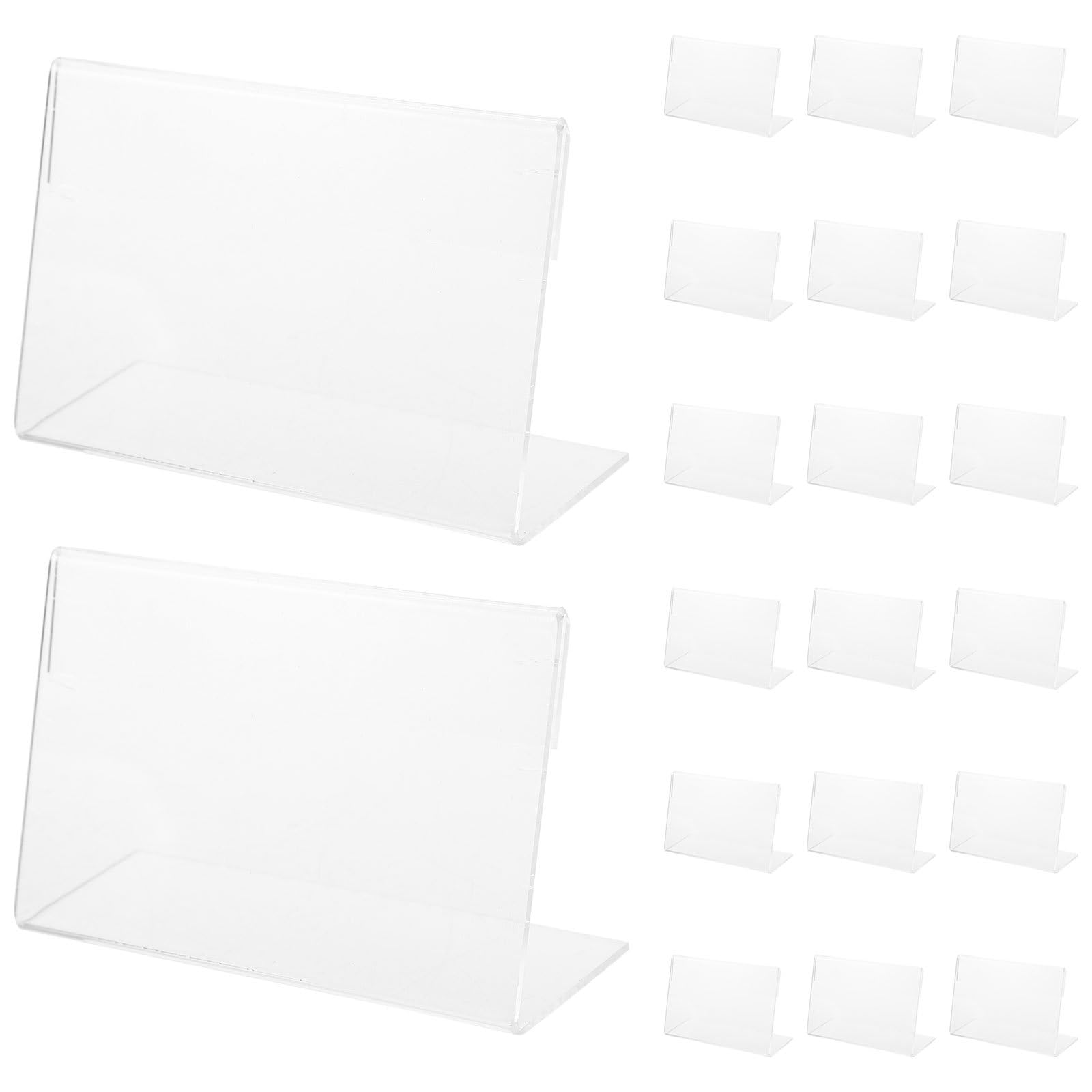 VILLCASE 20pcs Small Sign Display Holder, Clear Acrylic Shelf Label Holder, Clip on Labels Shelf Tags, Name Card Tag Label Counter Top Stand, L Shape Display Stand