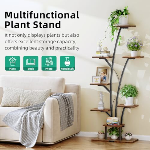 Kalrin 8-Tier Plant Stand Indoor with Grow Lights, 63" Tall Lighted Corner Plant Stands for Indoor Plants, Metal Plant Flower Display Shelves, Plant Shelf Plant Rack for Home, Living Room (Brown)