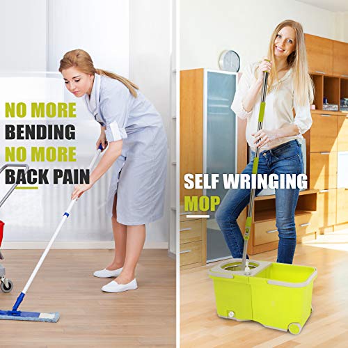 Umien Spin Mop and Bucket System - 360Â° Self Wringing Spinning Mop with Stackable Bucket On Wheels and 2 Machine Washable Microfiber Mop Heads - Easy to use and Store