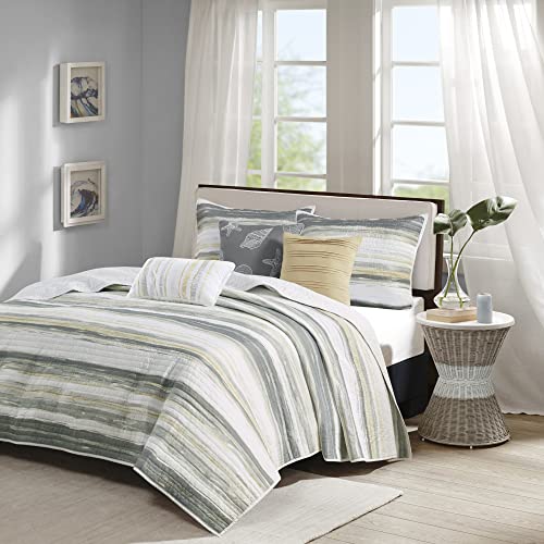 Madison Park Quilt Set Cottage Coastal Design, 6 Piece Set – All Season, Coverlet Bedspread Lightweight Bedding Layer, Shams, Toss Pillows, King/Cal King(104 in x 94 in), Yellow/Grey