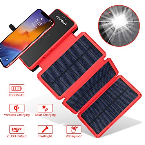 POWOBEST Solar Power Bank 20000mAh,Solar Charger,Qi Wireless Charger,Portable External Battery Pack with LED Flashlight,Cell Phone Solar Chargers,Charge 3 Devices Simultaneously 3 Solar Panels