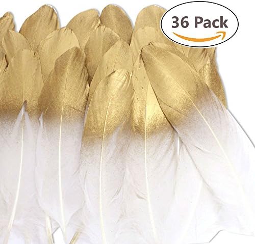 36PCS Gold Dipped Feathers Natural White Feathers for Baby Shower Decorations, Cupcake Decor, DIY Art and Craft Project