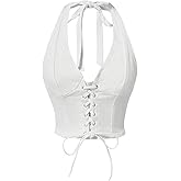 Floerns Women's Y2k Halter V Neck Backless Denim Top Shirred Lace Up Tie Back Crop Top