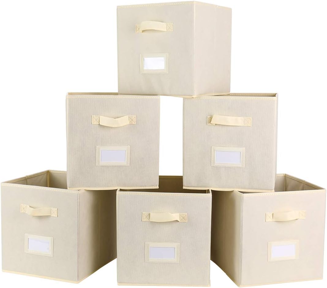 ESYLIFE Fabric Foldable Storage Cubes Bin with Label Holder,6 Pack Non-woven Cloth Organisers Basket with Handles, Light Grey
