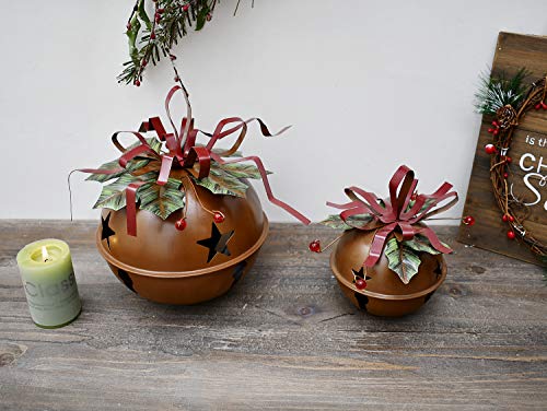 Large Christmas Jingle Bell Decoration Set of 3, Rustic Red Jingle Bell Hanging Christmas Tree Bell Ornament Metal Star Cutout Xmas Holiday Decor, Party and Festival Decoration (Bell Set)