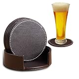 PUSU Coaster for Drinks with Holder,Set of 6 PU Leather Round Drink Coasters Coffee Tea Cup Pads Table Mat for Home/Office/Kitchen/Bar Protect Your Furniture from Scratch/Stains (Brown)