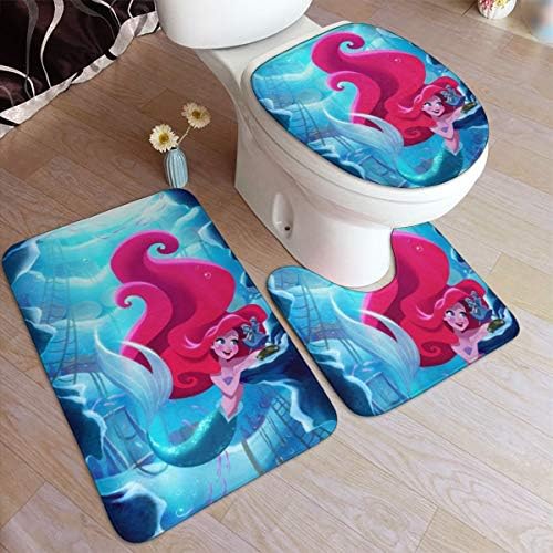 Bathroom Rug Set 3 Piece, Stylish Ariel Print Non Slip Bath Mat + U-Shaped Contour Rug + Toilet Lid Cover