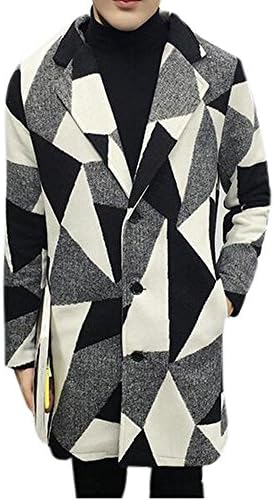 Men's Slim Fit Lapel Wool Blend Tweed Single Breasted Long Parka Coat White 3XL