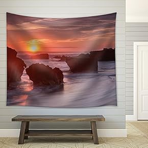 Sun Rising Over an Ocean with Rocks - Fabric Tapestry, Home Decor - 51x60 inches