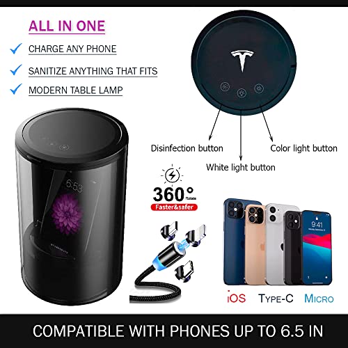 Tesla Desktop Supercharger, Portable Phone Sanitizer & Charger Lamp – Cleans All Smartphones, Car keys, Makeup & Nail Tools, Illumination & Fast Charging for Iphone & Android Smartphone