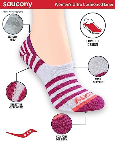 Saucony Women's No Show Cushioned Invisible Liner Socks, Available in S-L (8, 16 Pairs)