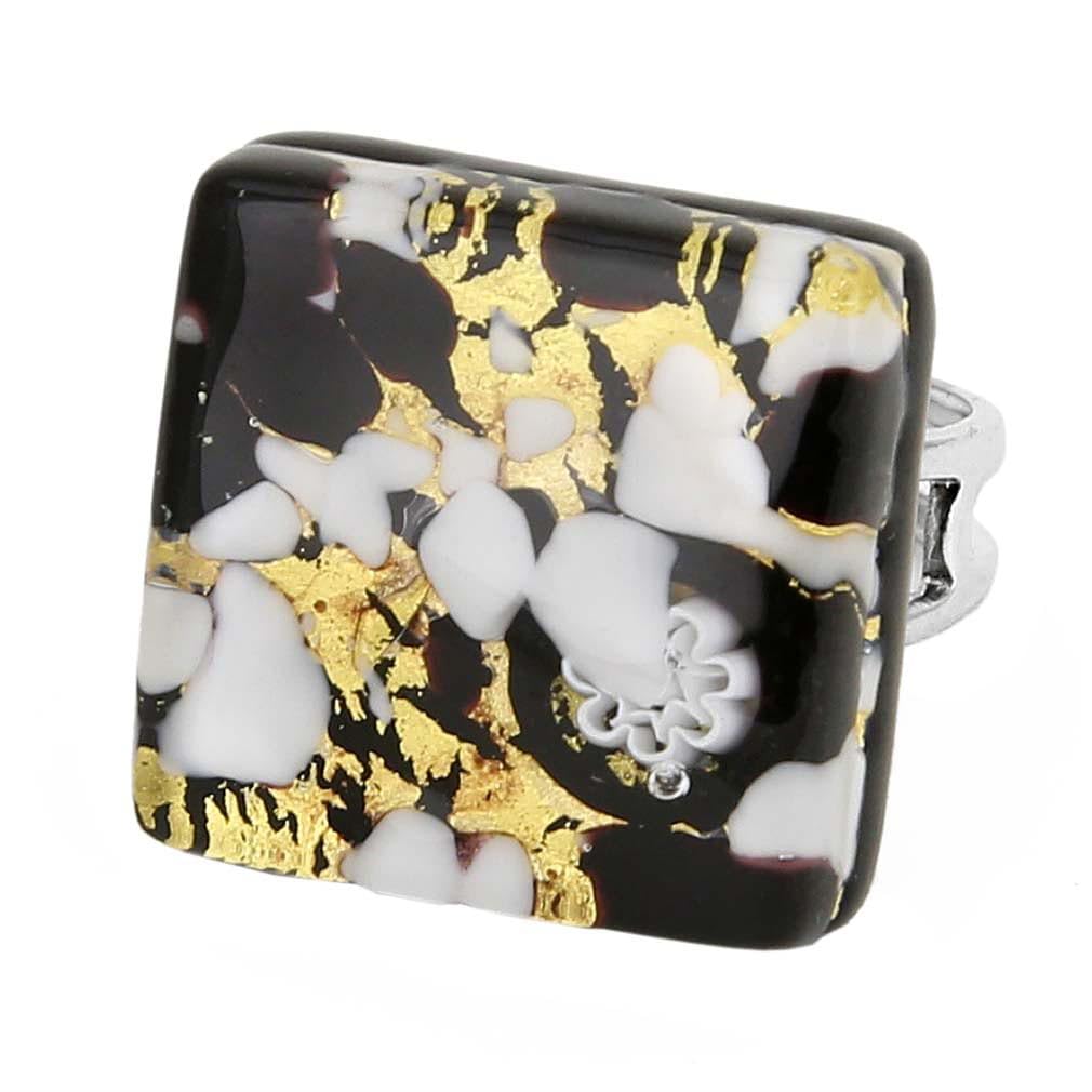 Glass Of Venice Murano Glass Venetian Reflections Square Adjustable Ring - Black Gold
