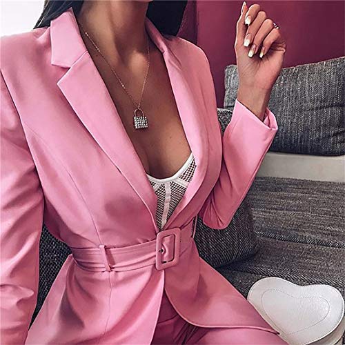 jiumoji Women Women 2 Piece Casual Blazer Set Long Sleeve Bright Solid Button Fit Office Work Tops Bandage Coats Pants Suit (-Pink, M)