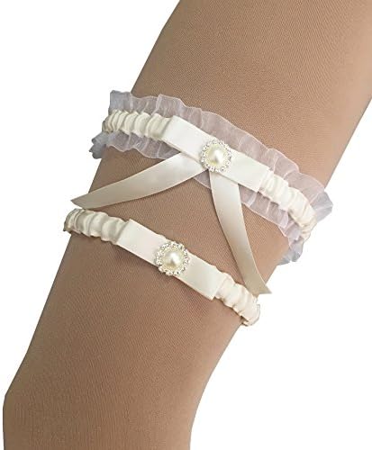 Kirmoo Bridal Garter Belt Set Ivory Wedding Keepsake and Toss Garters For Bride (One Size Fit Most,15"~23")