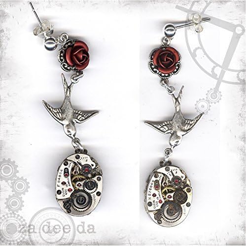 Red Rose Swallow Steampunk Earrings - Za Dee Da - The Time Traveller Collection - Time to Smell the Roses Earrings