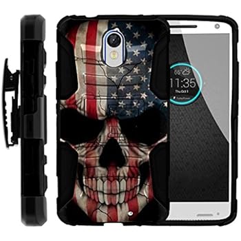 TurtleArmor | Compatible with Motorola Droid Turbo 2 Case | Moto X Force | Kinzie [Hyper Shock] Hybrid Dual Layer Armor Holster Belt Clip Case Kickstand - US Flag Skull