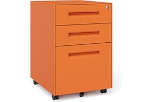 Dripex 3 Drawer File Cabinet Under Desk, Letter/Legal/A4, Fully Assembled for Home Office, Small Short Mobile Filing Cabinets with Lock on Wheels, Steel Metal Rolling Vertical File Cabinet, Orange