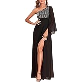 YHHOWEP Women's Formal Evening Gowns Dress Long One Shoulder Sparkly Sequin Chiffon Split Cocktail Wedding Guest Prom Ball Maxi Dresses Black M