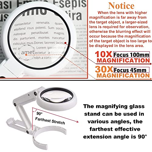 30X 10X Magnifying Glass with Light and Stand, Foldable Handheld