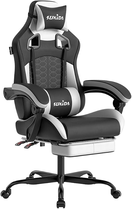 Gaming Stuhl, Ergonomischer Gaming-Stuhl mit Fußstütze, Racing Gaming Chair Kopfstütze Verstellbarer Computerstuhl Höhenverstellbar Lendenwirbelstütze für Homeoffice und Gaming Schwarz — Foto 1 von 8