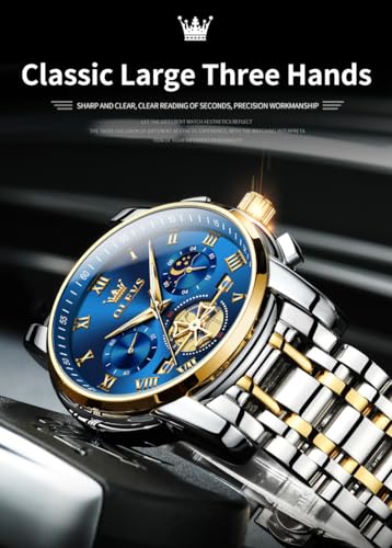 OLEVS Watches Men Waterproof Luxury Big Face Mens Watch Stainless Steel Quartz Analog Dress Watches for Men Luminous Multifunction Man Watch Relojes De Hombre