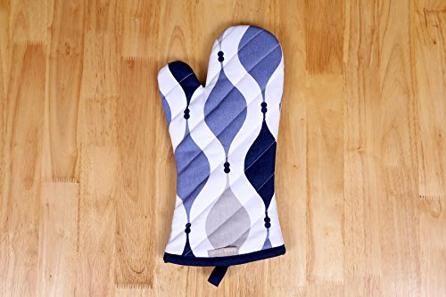 Pot Holders and Oven Mitts, Geometric Blue Design, Heat Resistant, Made of 100% Cotton, Set of 1 Oven Mitt and 1 Pot Holder, Pot Holders and Oven Mitts Sets By CASA DECORS