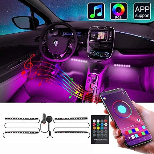 Car interior Lights, ANIKUV Car LED Strip Light Waterproof 4pcs 72 LEDs Multicolor Music Super Length Wires with APP, Sound Active Function and Wireless Remote Control, Car Charger Included, DC 12V