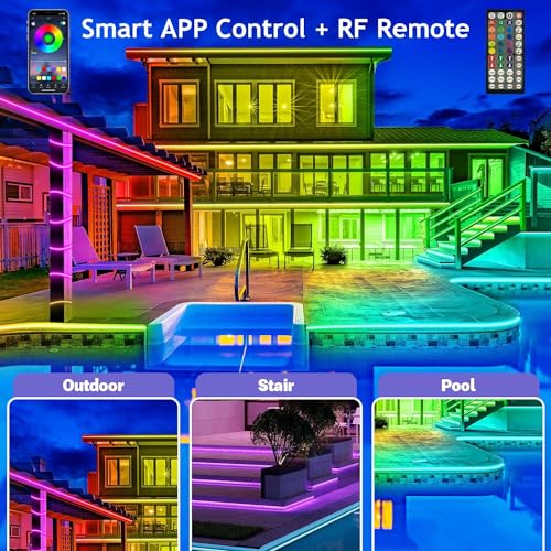 LETIANPAI 300ft/90m Outdoor LED Strip Lights Waterproof with self-Adhesive Back,IP68 Outside Led Lights Strips Waterproof with Bluetooth App Remote,Music Sync RGB Exterior Led Rope Lights for