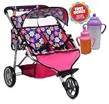 fash n kolor, Twin Doll Jogger Stroller with Diaper Bag, with a Carriage Bag and 2 Free Magic Bottles Included (Fits Bitty Twins Dolls ) (Flower)