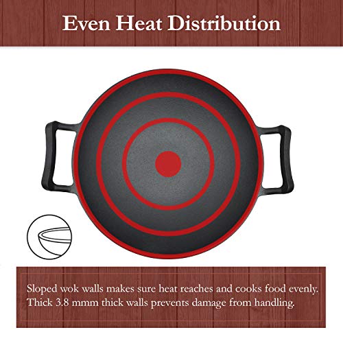 Pre-Seasoned Cast Iron Nonstick Hot Wok Burner Pan with Large Loop Handles - 13" Diameter, 5.5" Wider Flat Base - Includes FREE silicone hot pan handle holders, Great for induction, gas,electric tops