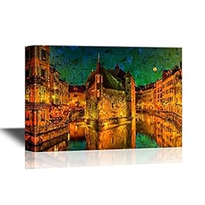 European Town Canvas Wall Art - Watercolor Style Venice at Night - Gallery Wrap Modern Home Art | Ready to Hang - 12x18 inches