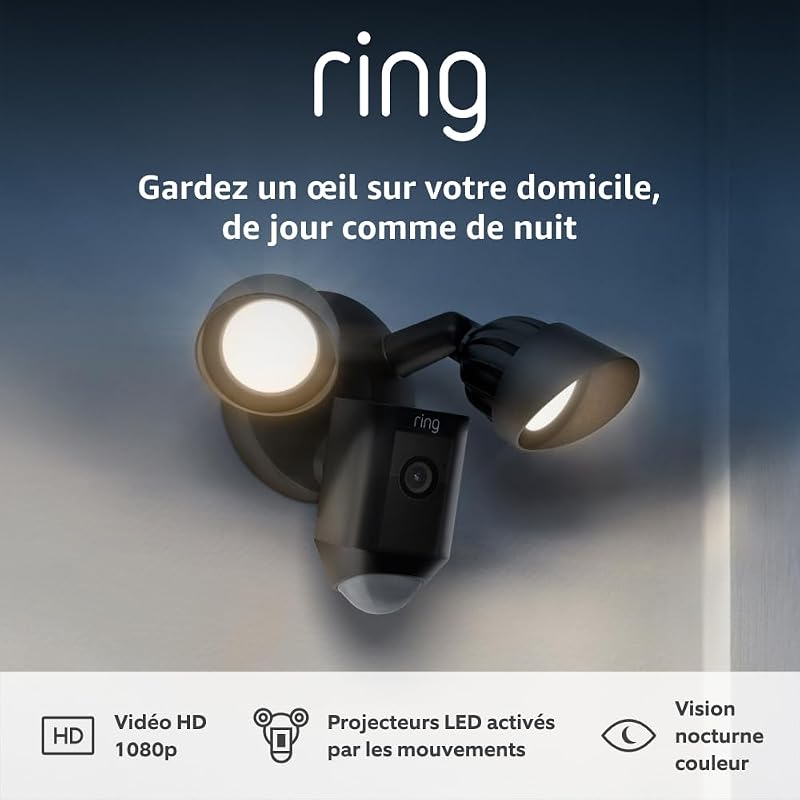 Caméra Floodlight Plus filaire (Floodlight Cam Wired Plus)| Caméra de surveillance extérieure wifi, vidéo HD, projecteurs LED, sirène, fonctionne avec Alexa | Essai Ring Home gratuit 30 j.