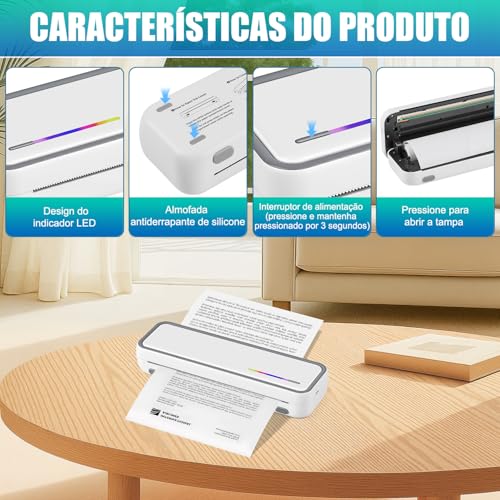 Impressora Térmica Portátil A4, Impressora Térmica Portátil com 20 Folhas Papel com Bluetooth, Compatível com Android, iOS e Laptop