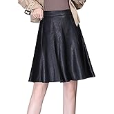 chouyatou Women's High Waisted Faux Leather Pleated Skirt A Line Knee Length Business Casual Midi Skirt