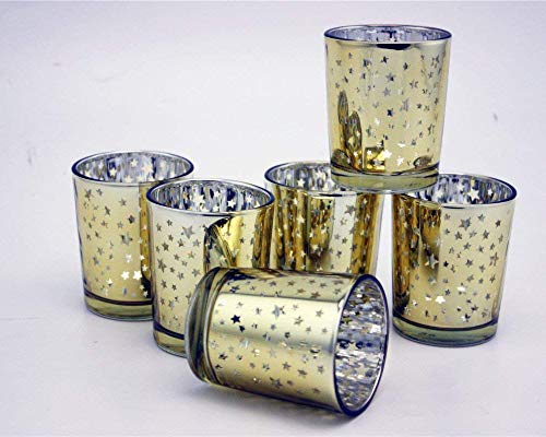 Candle Holder for Home Decor Wedding Party Celebration Laser Cut Mercury Glass 2.55-inch Tall Set of 6 (Gold Star)