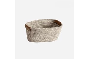 SOORXIEIN 1 Pack Cotton Woven Basket with PU Leather Handle, Medium Organizer for Kids Clothes Toys Candy Birthday Gifts, Medium Storage for Living Room Bathroom, Bed for Dog Cat, Cute Decor, Coffee