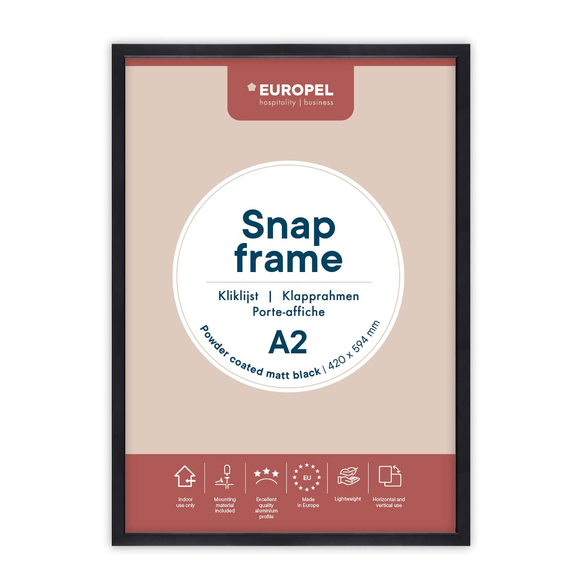 EUROPEL lightweight Snap frame A2, matt black powder-coated finish, Profile 25x11 mm, Anodized aluminum, anti-reflective protector, External dimensions 451x625 mm, Grey polystyrene back
