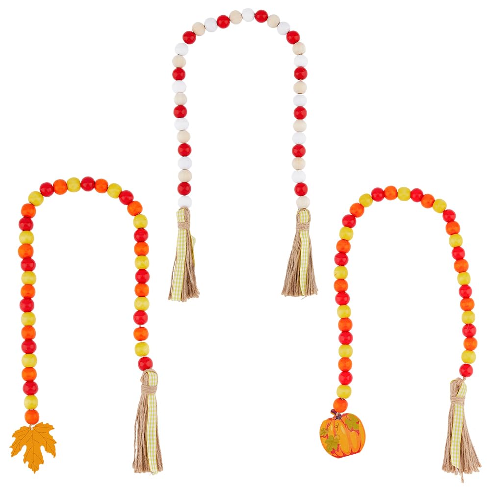 SUPERFINDINGS 3Pcs 3 Style Halloween Wood Beads Garland with Tassel Wood Bead Chains with Pumpkin and Maple Leaf Pendant Farmhouse Home Holiday Hanging Decorations 69-85cm
