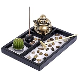 London Boutique Thai Sitting Down Buddha Ornament Statue Candle Holders Natural Stone Rattan Incense Gift Set (Laughing Buddha HY197)