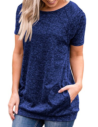 image for Miskely Women's Round Neck Short Sleeve Blouse with Pocket Casual Loos