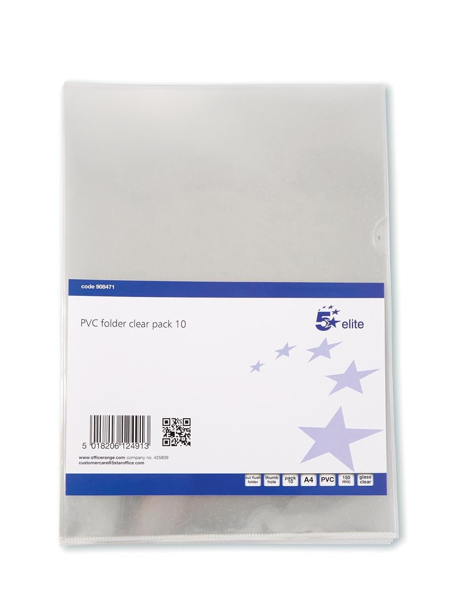 5 Star 908471 Folder PVC Cut Flush A4 Clear [Pack of 10]