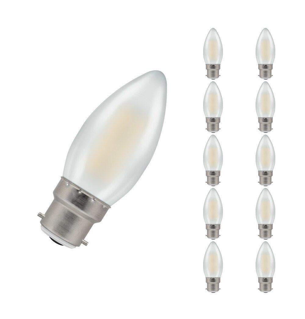 Crompton Lamps LED Candle 5W BC-B22d Dimmable Filament (10 Pack) (40W Equivalent) 2700K Warm White Pearl 470lm BC Bayonet B22 C35 Frosted Opal Multipack Light Bulbs