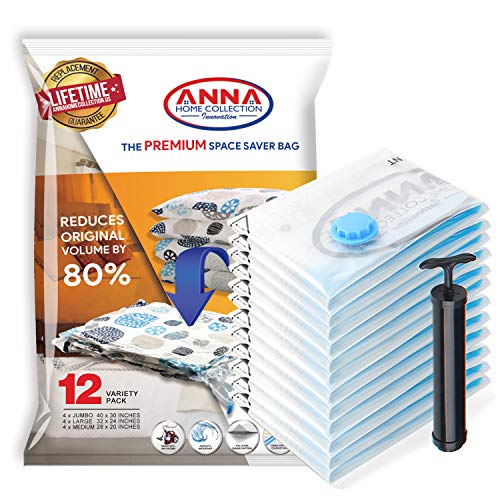 Anna Home Premium Vacuum Storage Bags 12 Pack (4 x Jumbo, 4 x Large, 4 x Medium) Space Saver Storage Bags. Durable & Reusable Vacuum Sealer Bags for Clothes Storage, Travel Hand Pump Included